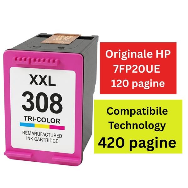HP Inkjet Rigenerata con Chip Colore 7FP20UE N.308XXL 18ml/420 pg HP Inkjet Rigenerata con Chip Colore 7FP20UE N.308XXL 18ml/420 pg